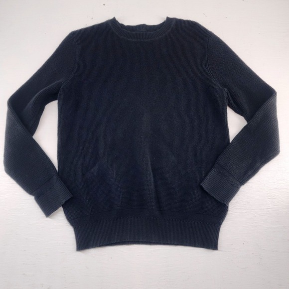 Quince Medium | Mens Black Knit Organic Cotton Cashmere Waffle Crewneck Sweater - Picture 2 of 7